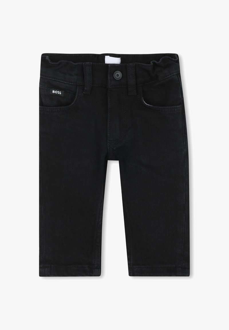 Pantaloni in denim nero con una texture liscia, cinque tasche, passanti per cintura e un'etichetta con il marchio. Presentano una chiusura con bottone e zip.