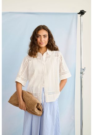 Sieviete ar viļņainiem brūniem matiem valkā baltu izšūtu blūzi un zilu svītrainu svārku, tur lielu austo brūnu roku somiņu gaiši zilā fonā.