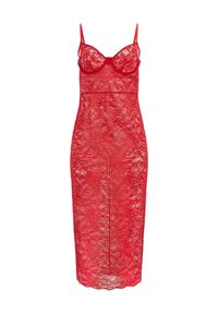 Red lace dress with adjustable straps, fitted silhouette, and padded cups. Knee-length with a straight hem and a central slit.