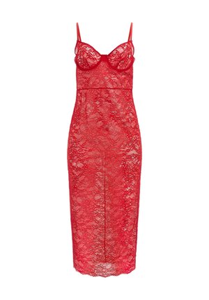Red lace dress with adjustable straps, fitted silhouette, and padded cups. Knee-length with a straight hem and a central slit.