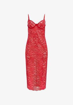 Red lace dress with adjustable straps, fitted silhouette, and padded cups. Knee-length with a straight hem and a central slit.