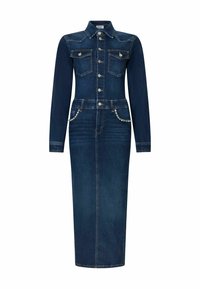 Abito di jeans blu scuro, con maniche lunghe, colletto, due tasche sul petto e dettagli in pietra sulle tasche frontali.