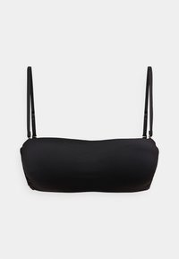 Μαύρο τοπ μπικίνι τύπου bandeau με λεπτές ρυθμιζόμενες τιράντες, κατασκευασμένο από απαλό ύφασμα, με άνετη ραφή και κεντρική ρυτιδωτή λεπτομέρεια.