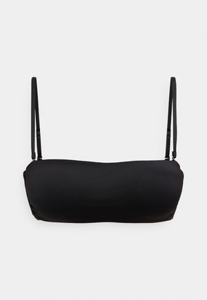 Schwarzes Bandeau-Bikinioberteil mit dünnen, verstellbaren Trägern, aus glattem Material, mit nahtlosem Design und mittig gerafftem Detail.