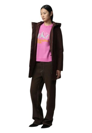 Cappotto marrone con cappuccio sopra un maglione rosa con grafica di montagna, abbinato a pantaloni marrone scuro e scarpe nere. Design semplice, colori neutri.