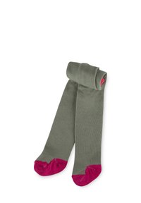 Collant verdi con una texture liscia, caratterizzati da punte rosa vivaci. Arrotolati in cima; progettati per una vestibilità aderente.