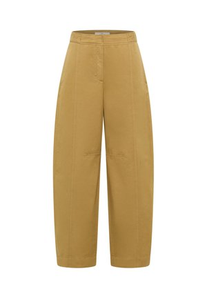 High-waist, wide-leg tan trousers with visible front seam details and a concealed front fastening.