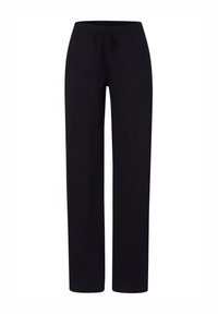 Mustat, kevyet housut suoran lahkeen muotoilulla, joustovyötärö ja säädettävä nauha. Valmistettu pehmeästä, joustavasta kankaasta.