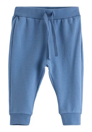 Blå småbørns joggingbukser med elastisk talje, justerbar snøre, sidelommer og ribbene manchetter ved anklerne.