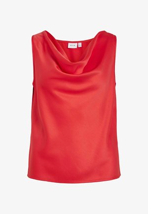 Červený saténový bezramínkový top s drapovaným výstřihem a hladkým povrchem. Jednoduchý design s zaobleným spodním lemem a bez viditelného kovového zapínání.