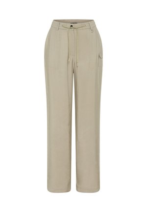 Beige wide-leg pants with drawstring waist, belt loops, side pockets, and a flap pocket on the right thigh.