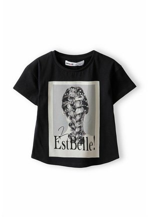 T-shirt en coton noir avec un imprimé graphique d'une coiffure et le texte "EstBelle!" sur le devant. Manches courtes et col rond.