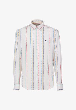 Camicia bianca a maniche lunghe con righe verticali colorate in rosso, blu, giallo e verde. Presenta un colletto a bottone e un piccolo logo.