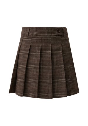 Brauner Karorock mit Falten, hoher Taille und einem einzelnen Knopfverschluss. Hergestellt aus strukturiertem Material mit dezenten Karomustern.