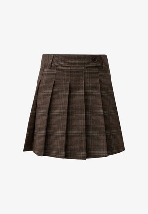Brown plaid skirt featuring pleats, a high waist, and a single button closure. Made from textured material with subtle check patterns.