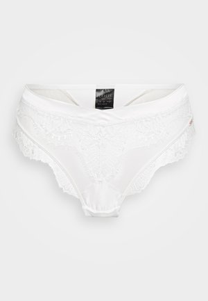 Weiße Unterwäsche mit Spitzenrand, bestehend aus einem satinartigen Stoff, mit floralen Mustern und einem nahtlosen Design sowie einem weichen, elastischen Bund.