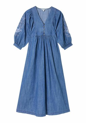 Jeanskleid mit V-Ausschnitt, Puffärmeln mit Stickereien, Knopfleiste vorne und geraffter Taille in mittlerem Blau.