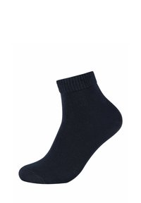 Ankelstrømpe i mørk navy, lavet af blødt, strækbart materiale med en ribbet manchet og glat tekstur. Simpelt design uden mønstre.