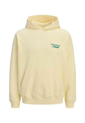 Sweat à capuche jaune en tissu doux, avec une poche frontale et un logo texte vert "ORIGINALS Studio" sur la poitrine gauche.