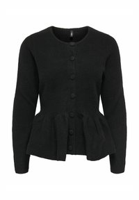 Sort strikket cardigan med rund hals, knaplukning foran og peplum-detalje ved taljen. Har tekstureret stof og lange ærmer.