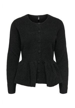 Cardigan nero lavorato a maglia con scollo rotondo, chiusura frontale con bottoni e vita a stile peplo. Caratterizzato da tessuto a trama e maniche lunghe.