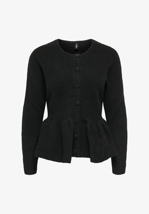 Cárdigan de punto negro con cuello redondo, cierre frontal con botones y cintura de estilo peplum. Presenta tela texturizada y mangas largas.