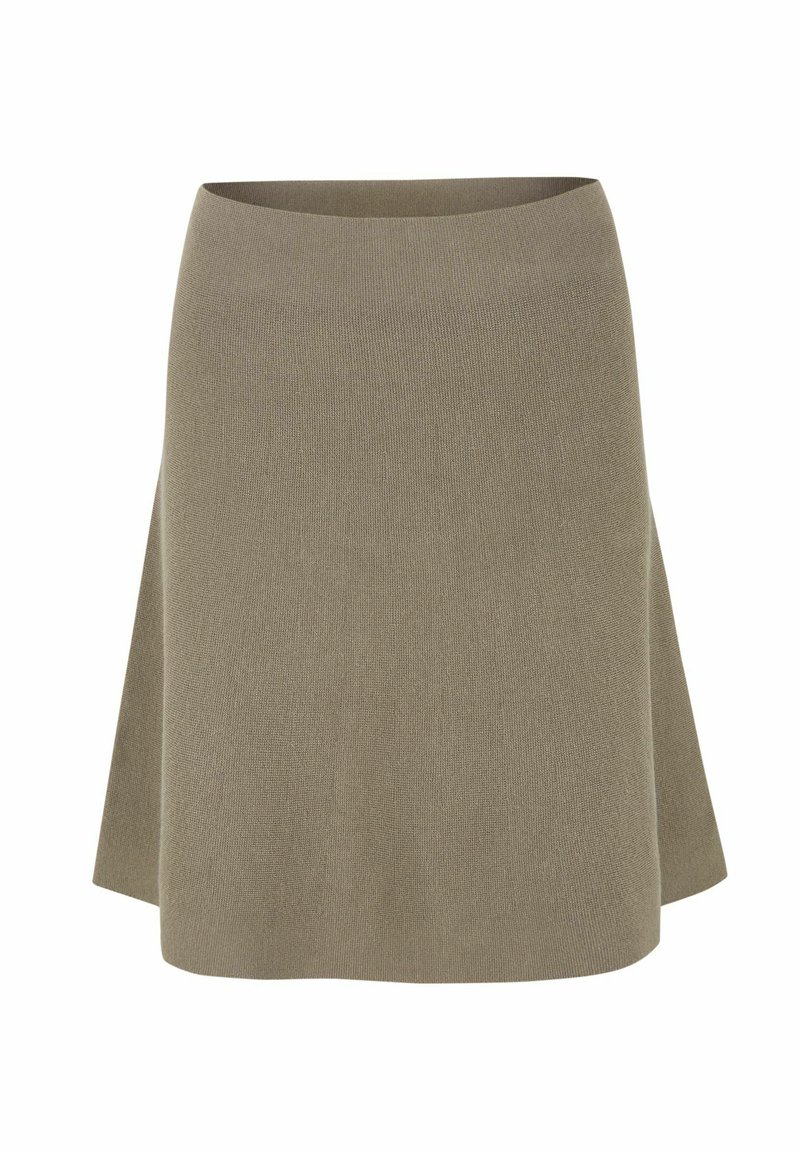 Fustă tricotată maro, în formă de A, cu textură subtilă, până la genunchi, fără modele sau decorațiuni vizibile.