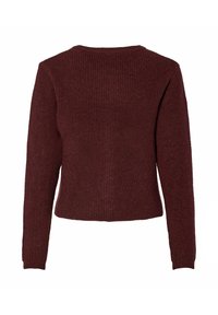 Burgundijas adīts džemperis ar garām piedurknēm, ribotā tekstūra, apaļa kakla izgriezuma forma un pieguļošs siluets. Aizmugures skatā redzama bezšuvju dizains un šuvju izpildījums.