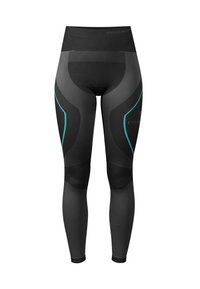 Schwarze Sportleggings mit hohem Bund, strukturierten Einsätzen und kontrastierenden türkisen Akzenten an den Seiten.