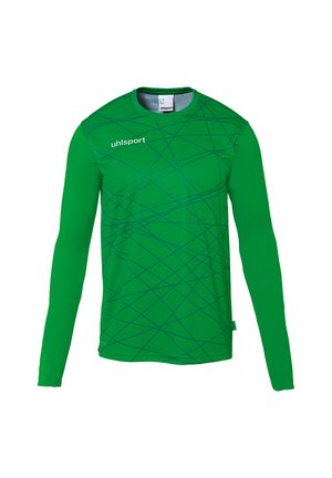 Grünes langärmliges Sportshirt mit Rundhalsausschnitt, das ein dynamisches blaues Linienmuster und das "uhlsport"-Logo auf der Brust zeigt.