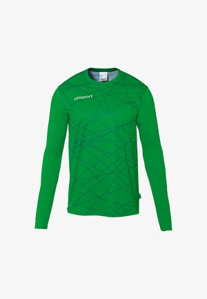 Grünes langärmliges Sportshirt mit Rundhalsausschnitt, das ein dynamisches blaues Linienmuster und das "uhlsport"-Logo auf der Brust zeigt.