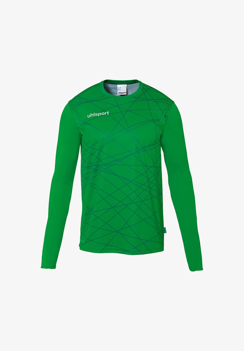 Grünes langärmliges Sportshirt mit Rundhalsausschnitt, das ein dynamisches blaues Linienmuster und das "uhlsport"-Logo auf der Brust zeigt.