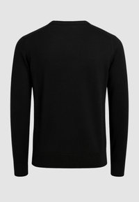 Black sweater, cotton blend, long sleeves, crew neckline, ribbed hem and cuffs, smooth texture, plain design with no patterns or accents.