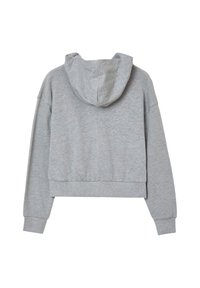 Hoodie gris court avec une texture douce, des manches longues et une capuche à cordon. Comprend des poignets côtelés et un ourlet élastique.