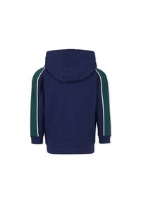 Hoodie bleu marine avec un accent vert sur les manches, des rayures blanches sur les côtés et une capuche à cordon. Tissu doux avec des poignets côtelés.