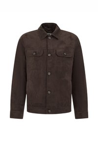 Chaqueta de ante marrón con cierre de botón, dos bolsillos en el pecho y un cuello puntiagudo. Textura suave y ajuste entallado.