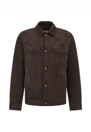 Brown suede jacket with a button closure, two chest pockets, and a pointed collar. Smooth texture and tailored fit.