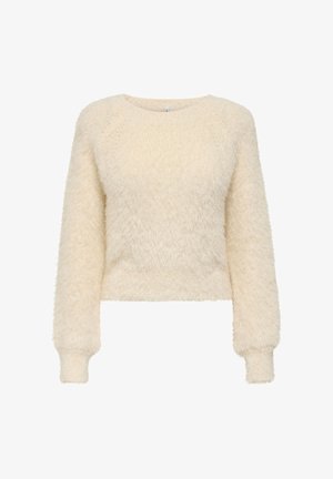 Kreemivärviline lühendatud kampsun pehmest koest, millel on pikad varrukad, ümmargune kaelus ja sooniklõiked.