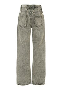 Jeans a gamba larga e vita alta in denim grigio chiaro. Presentano un finish scolorito, due tasche posteriori e dettagli in metallo sulla vita.
