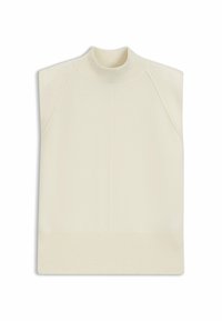 Cream-colored sleeveless sweater with a high mock neck, ribbed hem, and raglan sleeves, featuring a smooth knit texture and clean lines.