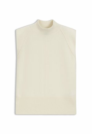 Cremefarvet ærmeløs sweater med høj hals, ribbet kant og raglanærmer, der har en glat strikket tekstur og rene linjer.