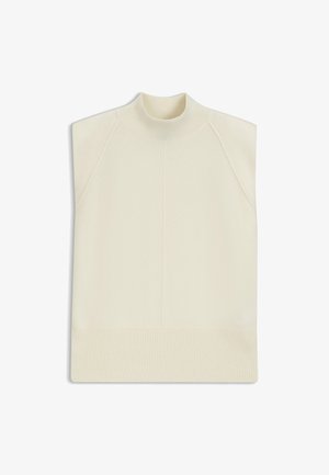 Cream-colored sleeveless sweater with a high mock neck, ribbed hem, and raglan sleeves, featuring a smooth knit texture and clean lines.