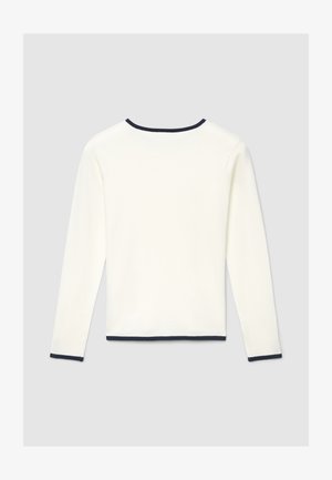 Maglia a maniche lunghe color crema con rifinitura blu navy lungo il colletto e l'orlo. Texture liscia e design semplice e aderente. Tessuto privo di motivi o dettagli.