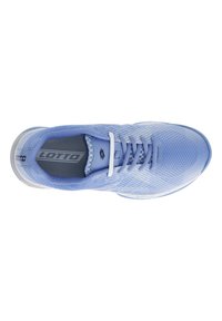Light blue athletic shoes with a textured upper, white laces, and a gray insole featuring the "Lotto" logo. Rounded toe and cushioned sole.