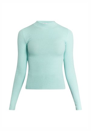 Vaaleanmintunvihreä pitkähihaisten ribbipaita, jossa on korkea kaulus, istuva malli ja sileä rakenne.