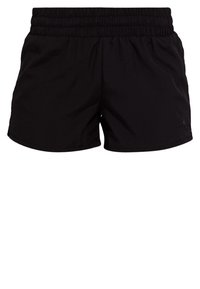 Svarta sportshorts med elastisk midja, lättviktsmaterial och en avslappnad passform. Designen har inga synliga mönster eller detaljer.