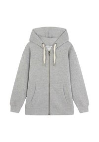 Sudadera gris con cremallera hecha de suave algodón, que presenta una gran capucha, dos bolsillos frontales y cordones de contraste con puntas metálicas.
