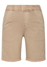 Pantaloni beige con vita elastica, due tasche laterali e una superficie liscia. Hanno un taglio dritto e dettagli di cucitura semplici.