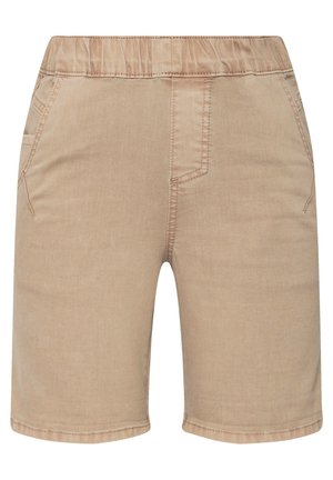 Beige shorts met een elastische tailleband, twee zijzakken en een gladde textuur. Ze hebben een rechte snit en eenvoudige stikseldetails.