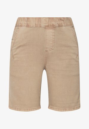 Beige Shorts mit elastischem Bund, zwei Seitentaschen und einer glatten Textur. Sie haben einen geraden Schnitt und einfache Nähdetails.